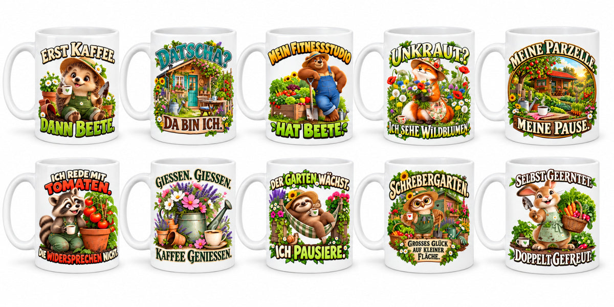 Garten Tasse Spruch Keramik 330ml Geschenk Datscha Schrebergarten bunt