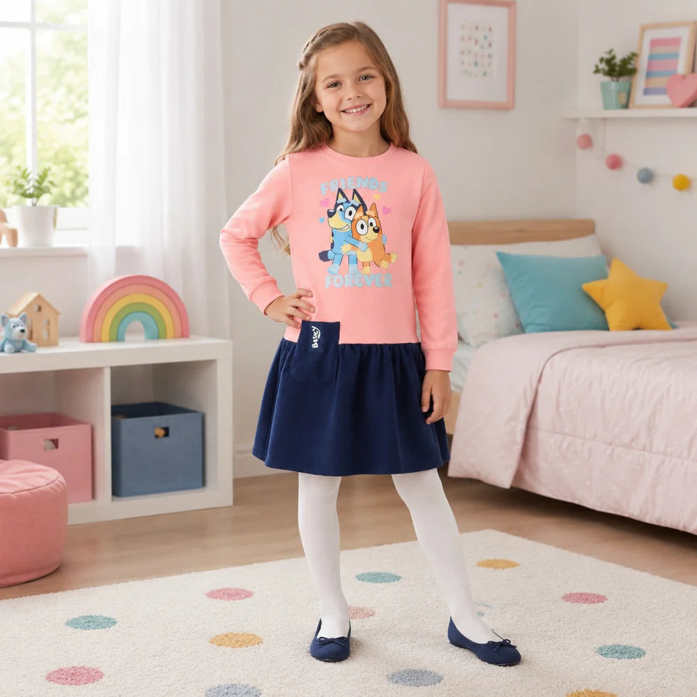 Bluey und Bingo Mädchen Langarmkleid Rosa/Dunkelblau Größen 98–116 - WS-Trend.de
