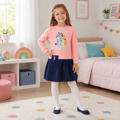 Bluey und Bingo Mädchen Langarmkleid Rosa/Dunkelblau Größen 98–116 - WS-Trend.de