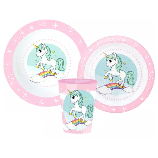 Einhorn Unicorn Kinder Geschirr Set 3 tlg Becher Teller Schüssel WS Trend.de
