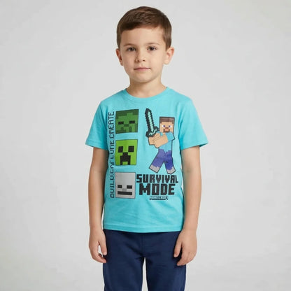Minecraft Steve Kinder kurzarm T-Shirt - WS-Trend.de Creeper Kleidung Jungen Blau Baumwolle