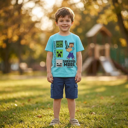 Minecraft Steve Kinder kurzarm T-Shirt - WS-Trend.de Creeper Kleidung Jungen Blau Baumwolle