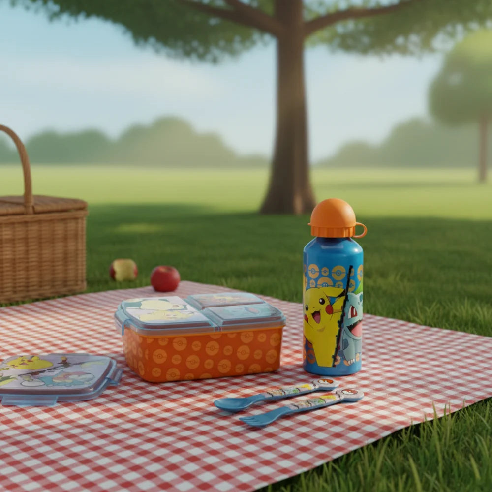 Pokemon Kinder 4 tlg. Set 3 Kammern Brotdose Gabel Löffel Alu-Flasche - WS-Trend.de