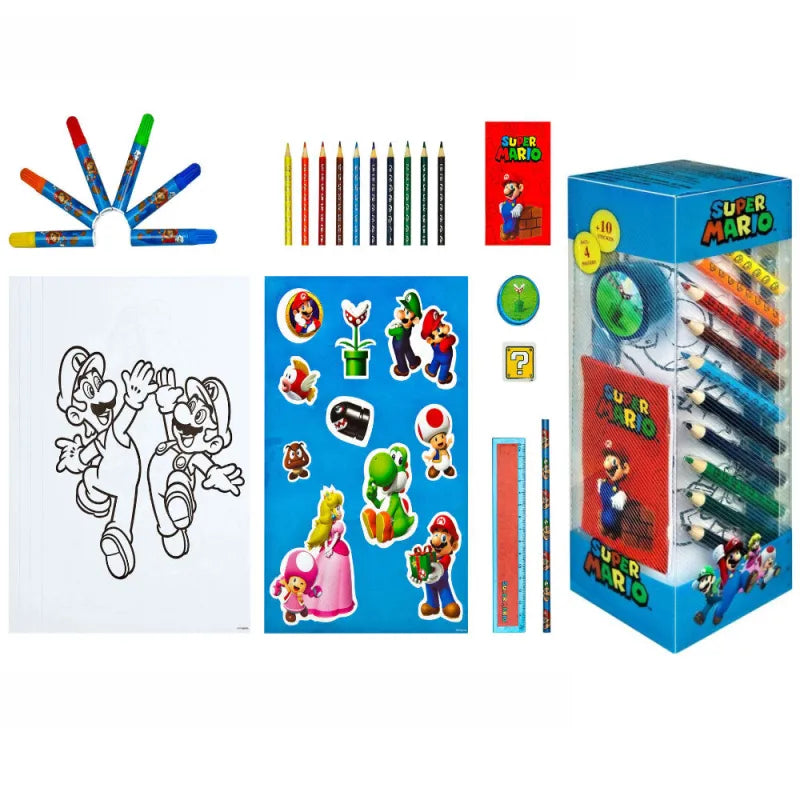 Super Mario 35 tlg. Kinder Malset Buntstifte Fasermaler Lineal Poster Anspitzer WS Trend.de