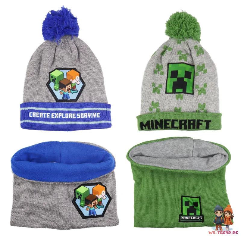 Minecraft Creeper Kinder Wintermütze plus Loop - WS-Trend.de Mütze Schal in 52 - 54 Bommelmütze
