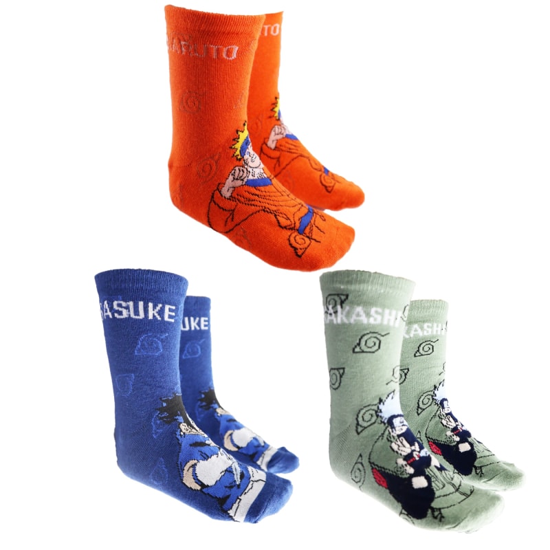 Naruto Shippuden Sasuke Kakashi Lange Kinder Socken 3er Pack - WS-Trend.de 23-34