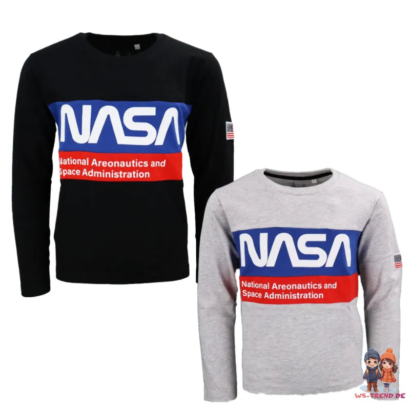 NASA Space Center Kinder langarm T-Shirt Jungen - WS-Trend.de 134-164 Baumwolle Schwarz Grau