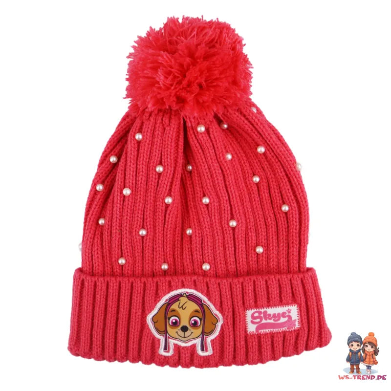 Paw Patrol Skye Kinder Winter Bommel Mütze mit Perlen plus Handschuhe - WS-Trend.de 52 54 Rosa