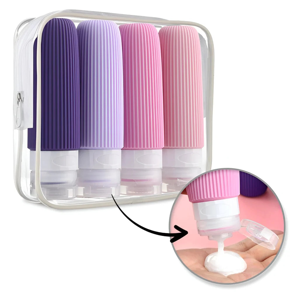 Reiseflaschen Set 4×90 ml mit transparentem Kulturbeutel – auslaufsichere Silikonflaschen zum Nachfüllen für Shampoo Duschgel & Lotion