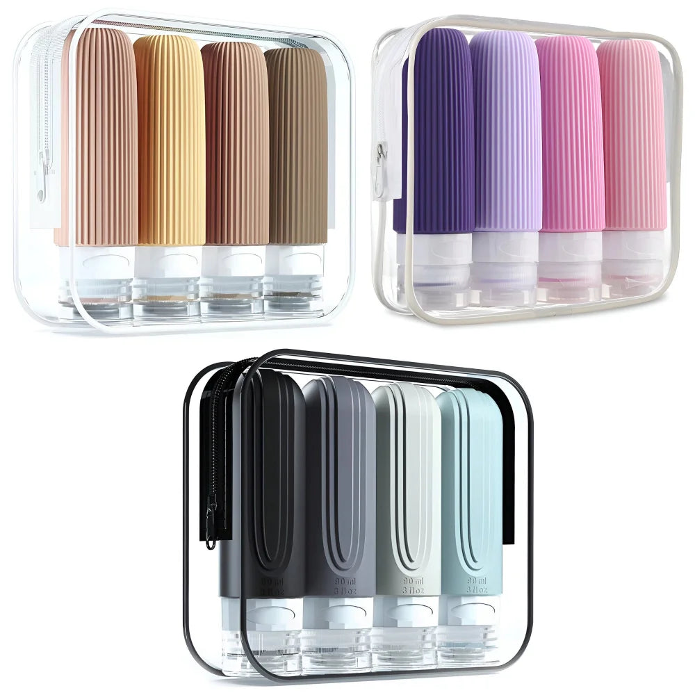 Reiseflaschen Set 4×90 ml mit transparentem Kulturbeutel – auslaufsichere Silikonflaschen zum Nachfüllen für Shampoo Duschgel & Lotion