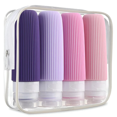 Reiseflaschen Set 4×90 ml mit transparentem Kulturbeutel – auslaufsichere Silikonflaschen zum Nachfüllen für Shampoo, Duschgel & Lotion – TSA-konform & handgepäcktauglich – Reise-Kosmetikbehälter (3 Designs) - Ansicht 2