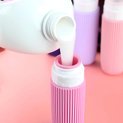 Reiseflaschen Set 4×90 ml mit transparentem Kulturbeutel – auslaufsichere Silikonflaschen zum Nachfüllen für Shampoo Duschgel & Lotion