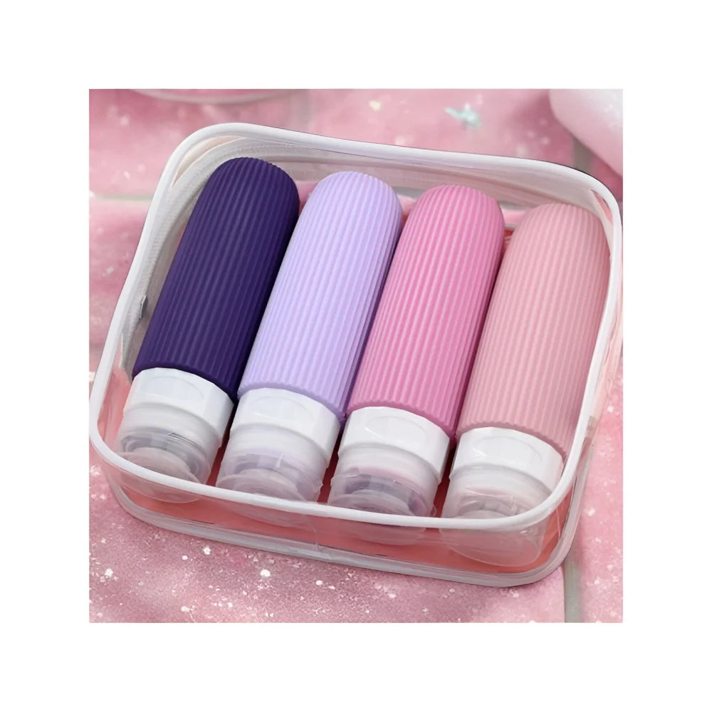 Reiseflaschen Set 4×90 ml mit transparentem Kulturbeutel – auslaufsichere Silikonflaschen zum Nachfüllen für Shampoo Duschgel & Lotion