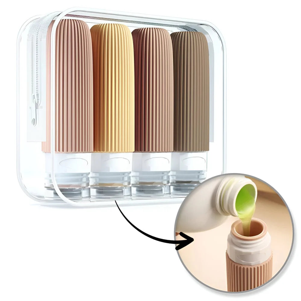 Reiseflaschen Set 4×90 ml mit transparentem Kulturbeutel – auslaufsichere Silikonflaschen zum Nachfüllen für Shampoo Duschgel & Lotion
