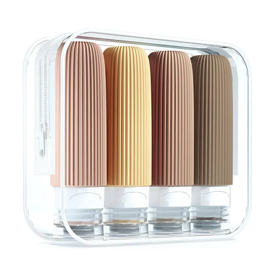 Reiseflaschen Set 4×90 ml mit transparentem Kulturbeutel – auslaufsichere Silikonflaschen zum Nachfüllen für Shampoo Duschgel & Lotion