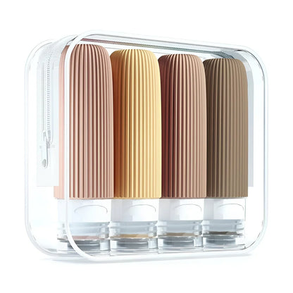 Reiseflaschen Set 4×90 ml mit transparentem Kulturbeutel – auslaufsichere Silikonflaschen zum Nachfüllen für Shampoo Duschgel & Lotion