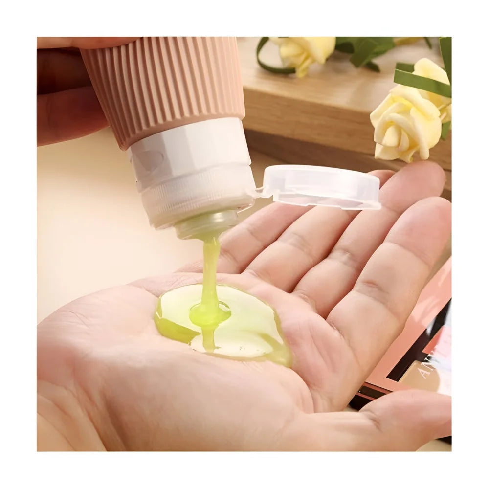 Reiseflaschen Set 4×90 ml mit transparentem Kulturbeutel – auslaufsichere Silikonflaschen zum Nachfüllen für Shampoo Duschgel & Lotion