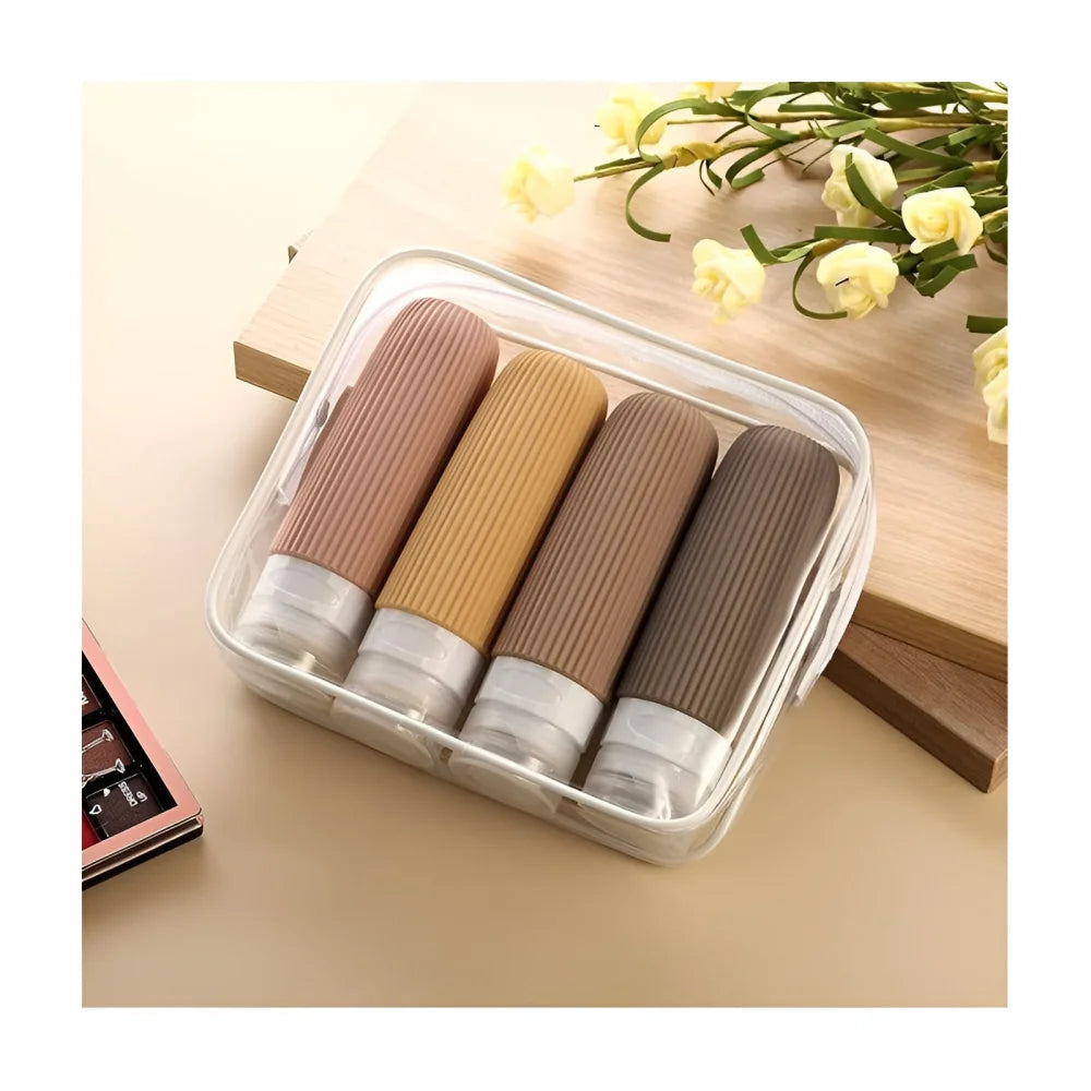 Reiseflaschen Set 4×90 ml mit transparentem Kulturbeutel – auslaufsichere Silikonflaschen zum Nachfüllen für Shampoo Duschgel & Lotion