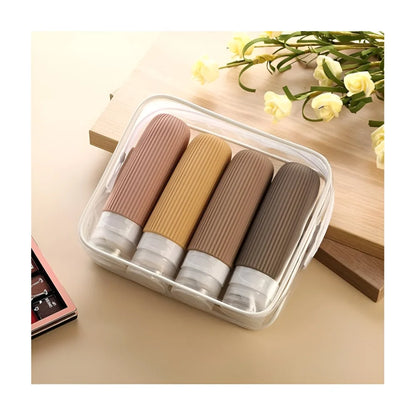 Reiseflaschen Set 4×90 ml mit transparentem Kulturbeutel – auslaufsichere Silikonflaschen zum Nachfüllen für Shampoo Duschgel & Lotion