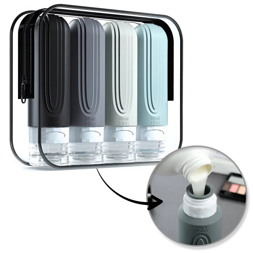 Reiseflaschen Set 4×90 ml mit transparentem Kulturbeutel – auslaufsichere Silikonflaschen zum Nachfüllen für Shampoo Duschgel & Lotion