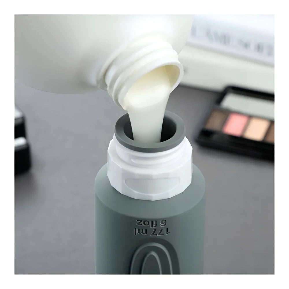 Reiseflaschen Set 4×90 ml mit transparentem Kulturbeutel – auslaufsichere Silikonflaschen zum Nachfüllen für Shampoo Duschgel & Lotion