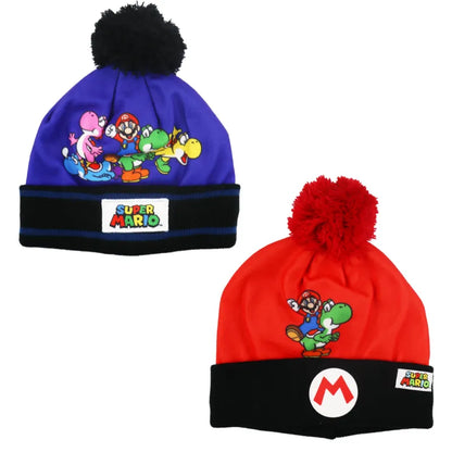 Super Mario Yoshi Kinder Herbst Wintermütze - WS-Trend.de und Winter Mütze Gr. 52/54 Kindermütze Bommel Rot Blau