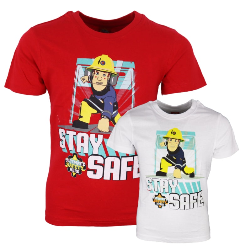 Feuerwehrmann Sam Stay Safe Kinder T-Shirt - WS-Trend.de Rot Weiß für Jungen 98 bis 128