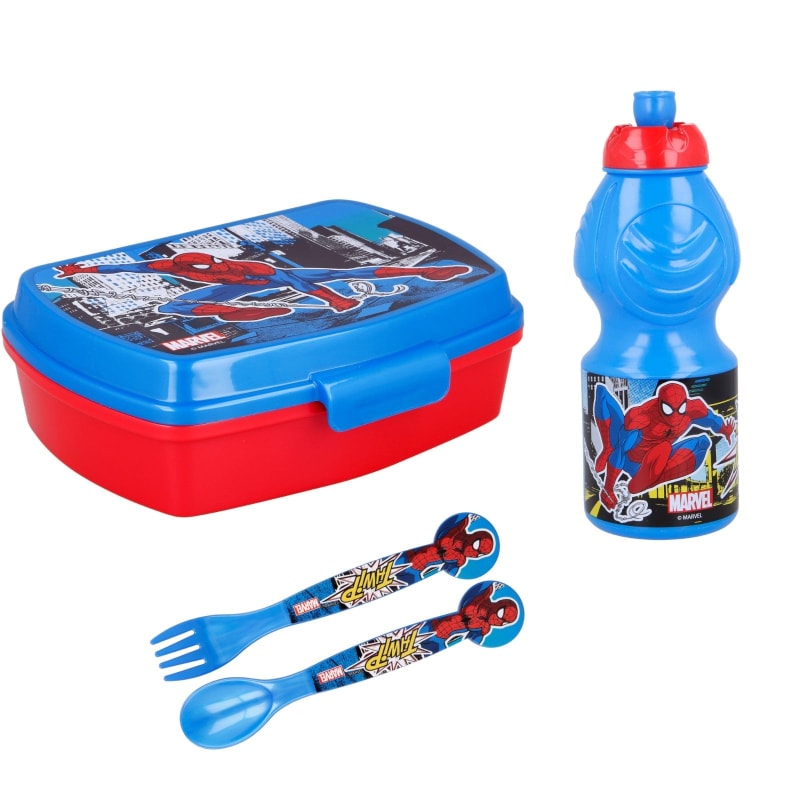 Marvel Spiderman 4 teiliges Set Lunchbox mit Trinkbecher und Besteck - WS-Trend.de Marcel Lunch - Brotdose - Trinkflasche