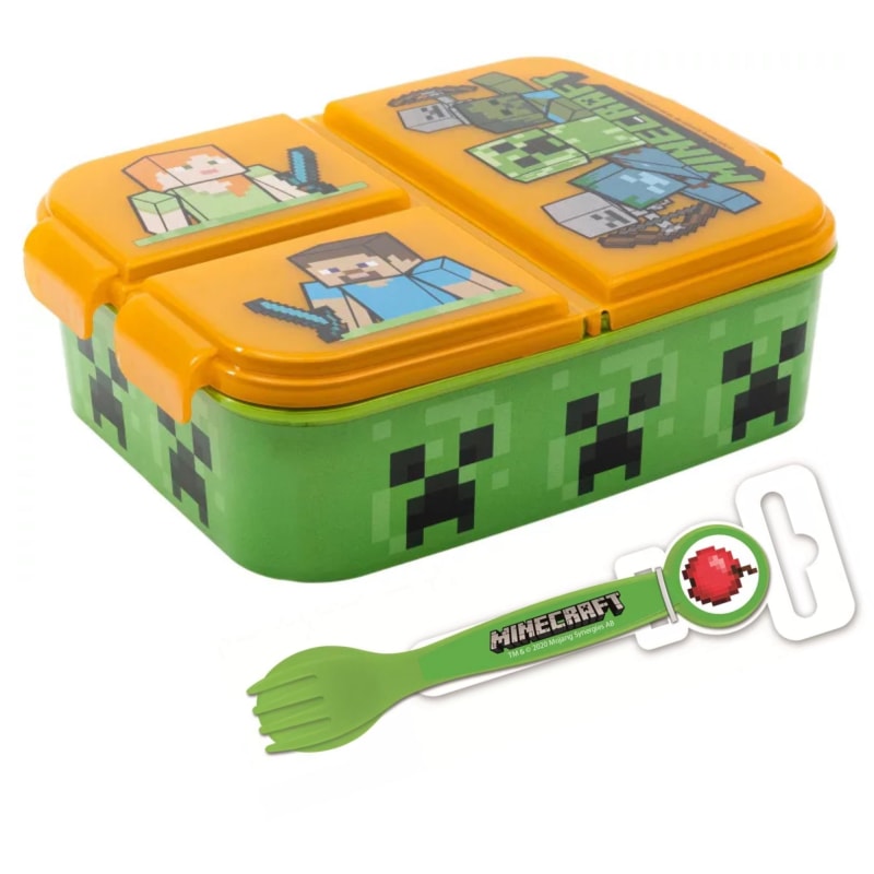 Minecraft Set Lunchbox 3 Fächer mit Kunststoff Gabel und Messer - WS-Trend.de Kinder tlg Brotdose - Löffel - Alex Creeper Zombie in Grün