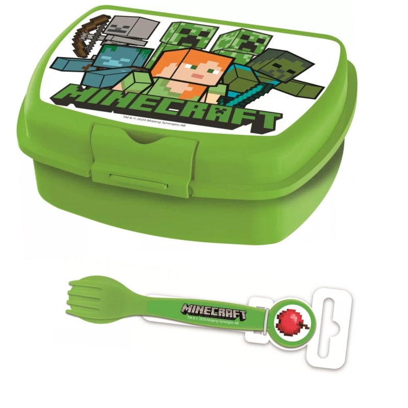 Minecraft Set Lunchbox mit Kunststoff Gabel und Messer - WS-Trend.de Kinder 3 tlg Brotdose - Löffel - Alex Creeper Zombie in Grün