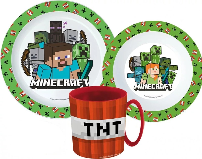 Minecraft TNT Kinder Geschirr Set Teller Schüssel Becher - WS-Trend.de Geschirr-Set 3 teilig Alex Creeper Steve