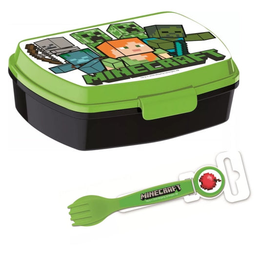 Minecraft Set Lunchbox Black mit Kunststoff Gabel und Messer - WS-Trend.de Kinder 3 tlg Brotdose - Löffel - Alex Creeper Zombie in Grün