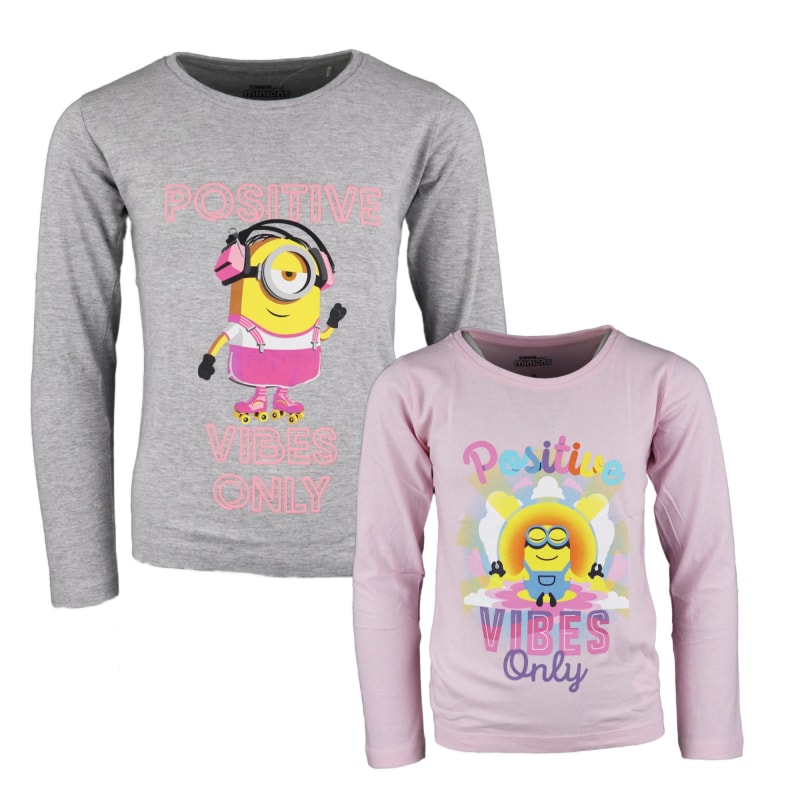 Die Minions Mädchen langarm T-Shirt - WS-Trend.de Langarm Kinder Shirt 104-134 Grau Rosa Baumwolle
