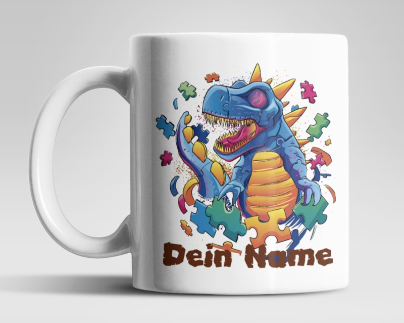 T-Rex Puzzle Tasse mit Wunschnamen - WS-Trend.de Dino Kakao Kaffeetasse Teetasse