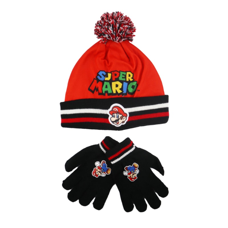 Super Mario Kinder Herbst Wintermütze mit Handschuhe - WS-Trend.de und Yoshi Winter Mütze Gr. 52/54 Kindermütze Bommel