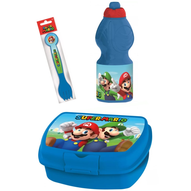 Super Mario Set Lunchbox mit Trinkflasche und Besteck - WS-Trend.de Luigi Kinder 4 teiliges Brotdose - Gabel Löffel