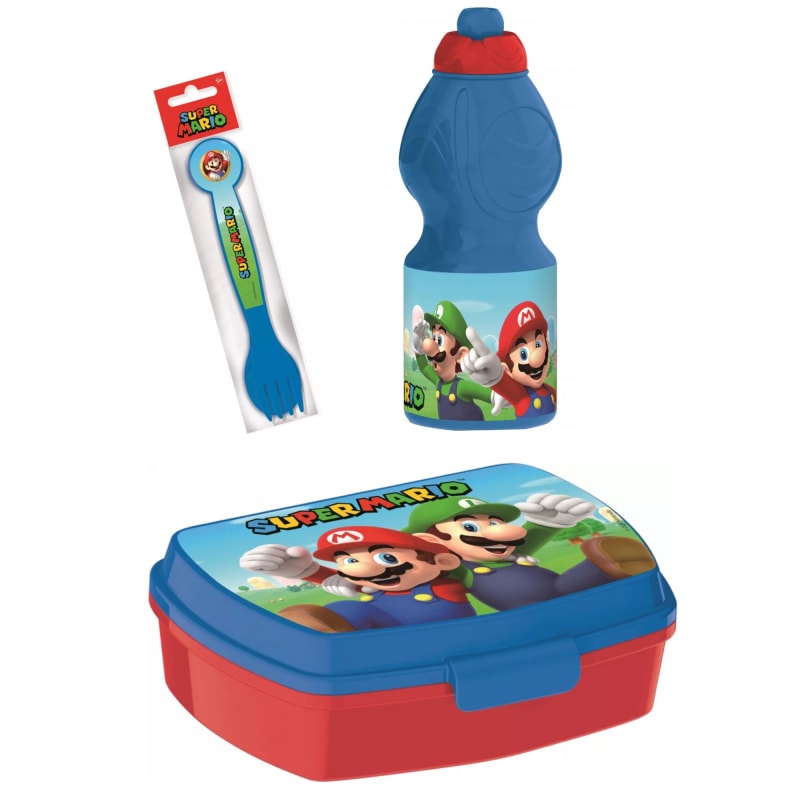 Super Mario Set Lunchbox mit Trinkflasche und Besteck - WS-Trend.de Luigi Kinder 4 teiliges Brotdose - Gabel Löffel